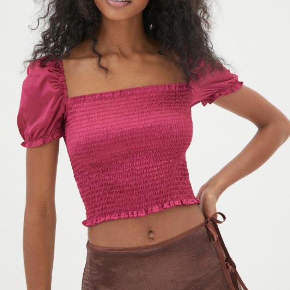 NEW Sabrina Square Neck Satin Smocked Puff Sleeve Crop Top Ruffle Trim Womens XS